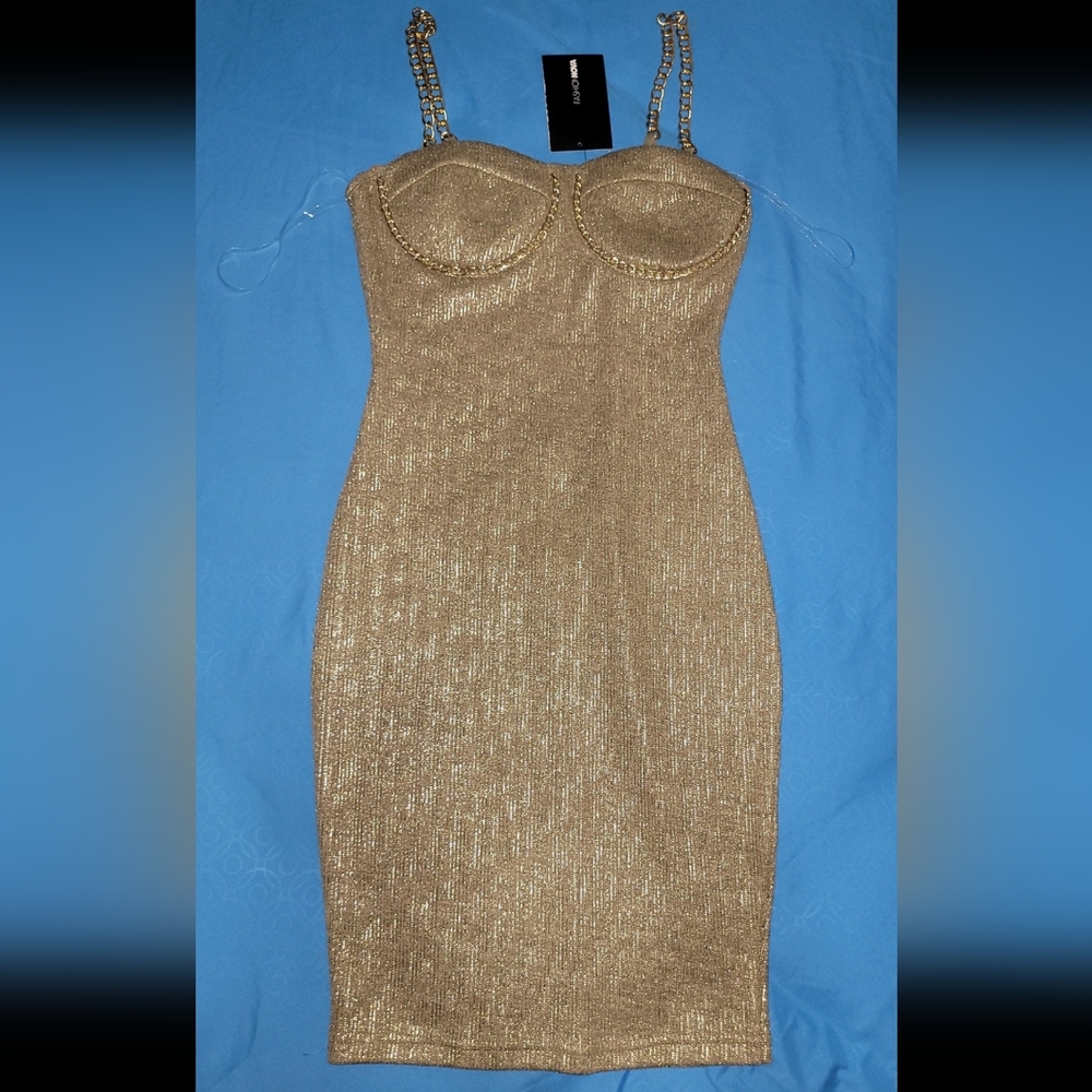 FASHION NOVA GOLD STRETCHY DRESS CHAIN STRAPS XS